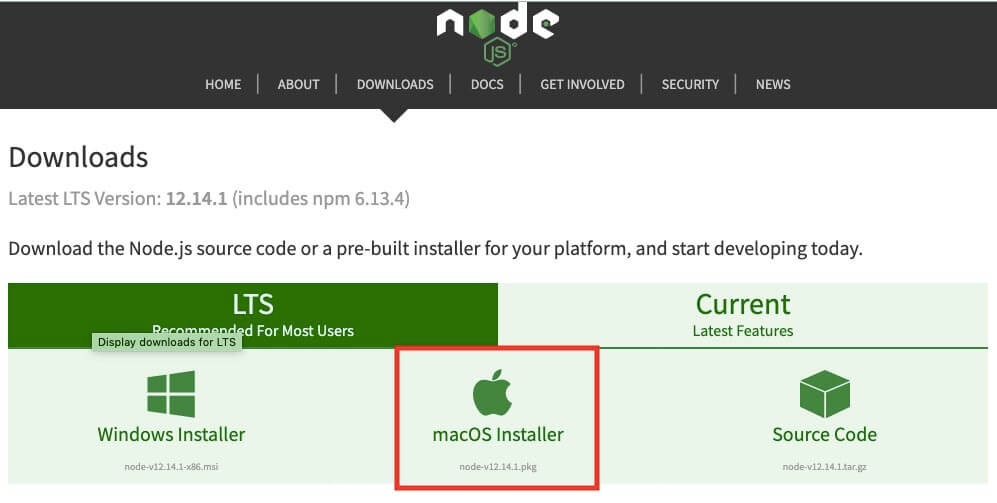 mac版node.jsをダウンロード
