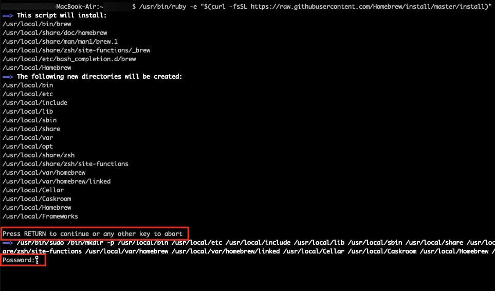 Homebrewインストールの際にパスワードを入力